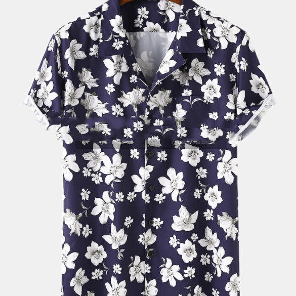 Mens Peach Blossom Floral Print Short Sleeve Holiday Breathable Shirts - 225 Clothing Company