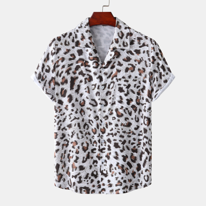 Summer New Hawaii Beach Cuban Collar Ice Silk Digital Printing Leopard Print Short Sleeve Flower Shirt