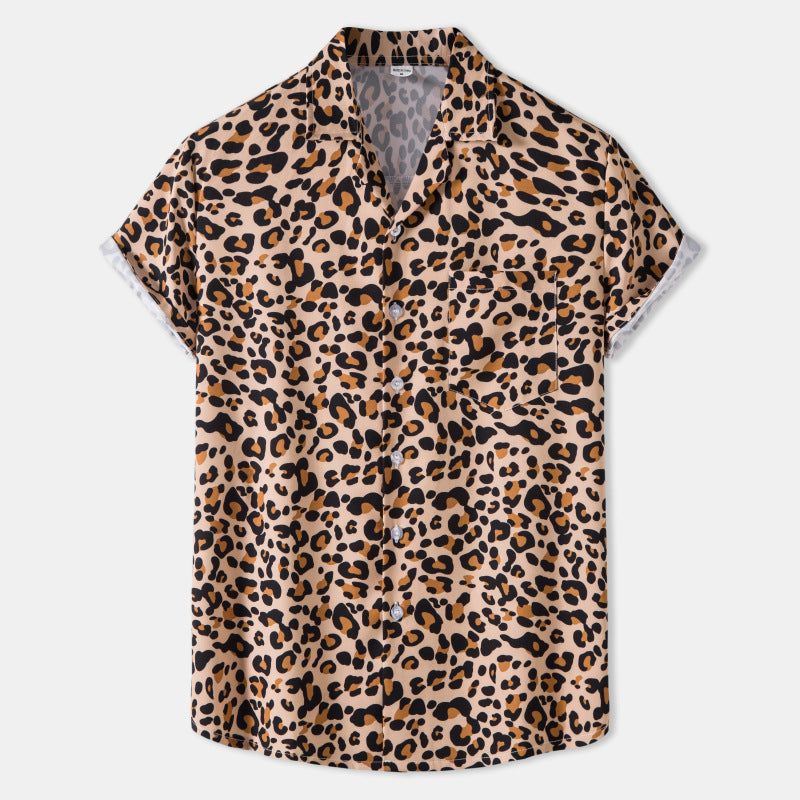 Summer New Hawaii Beach Cuban Collar Ice Silk Digital Printing Leopard Print Short Sleeve Flower Shirt