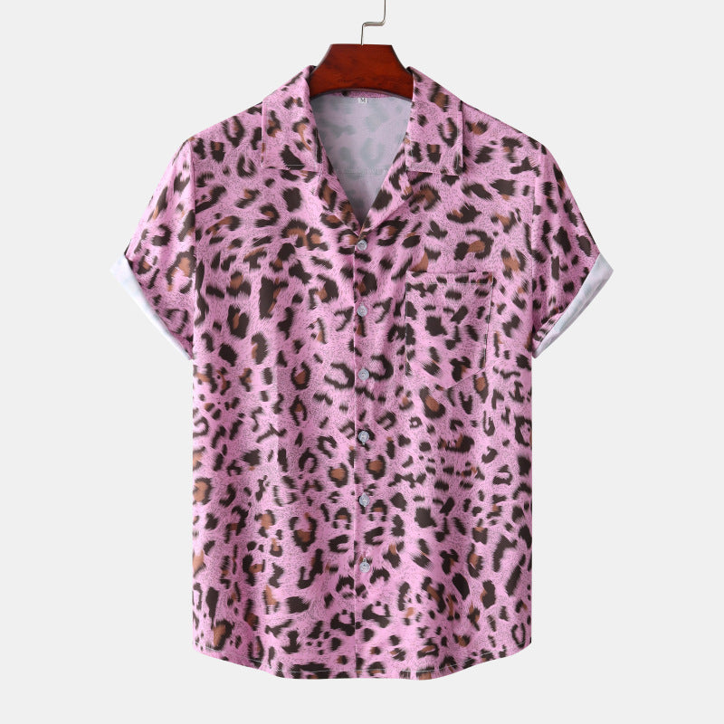 Summer New Hawaii Beach Cuban Collar Ice Silk Digital Printing Leopard Print Short Sleeve Flower Shirt