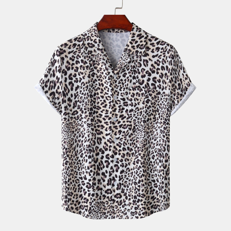 Summer New Hawaii Beach Cuban Collar Ice Silk Digital Printing Leopard Print Short Sleeve Flower Shirt