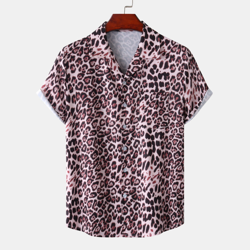 Summer New Hawaii Beach Cuban Collar Ice Silk Digital Printing Leopard Print Short Sleeve Flower Shirt