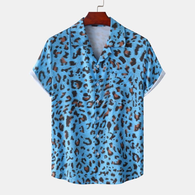 Summer New Hawaii Beach Cuban Collar Ice Silk Digital Printing Leopard Print Short Sleeve Flower Shirt