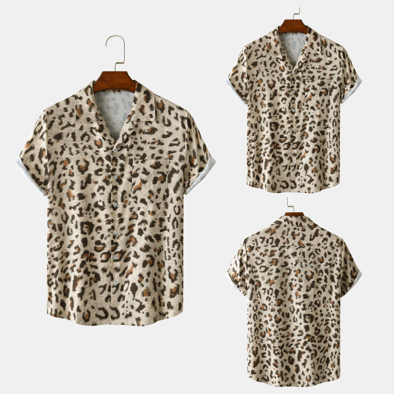 Summer New Hawaii Beach Cuban Collar Ice Silk Digital Printing Leopard Print Short Sleeve Flower Shirt