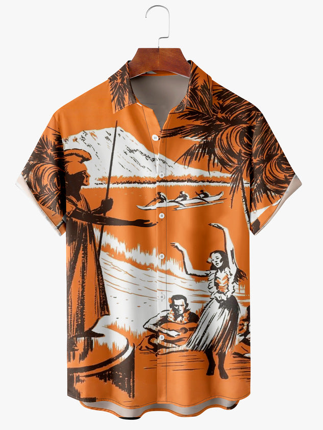 Printed Hawaiian Shirt Men's Holiday Seaside Cat Pattern - 225 Clothing Company