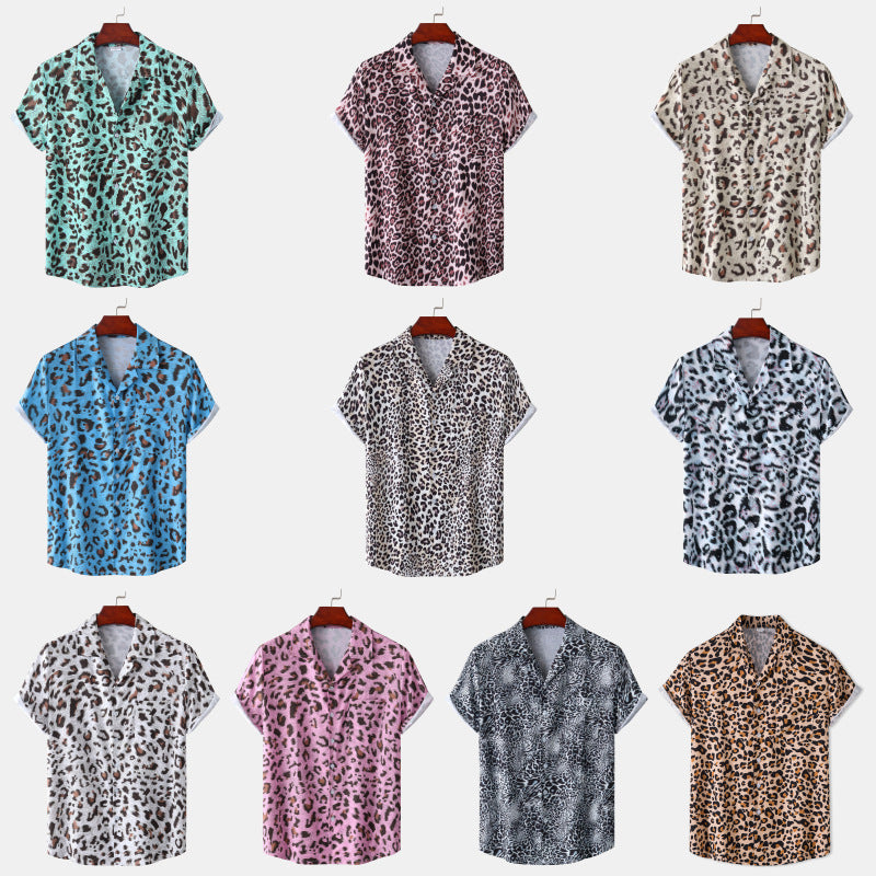 Summer New Hawaii Beach Cuban Collar Ice Silk Digital Printing Leopard Print Short Sleeve Flower Shirt