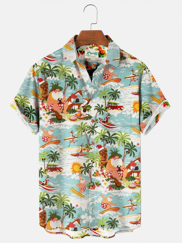 Printed Hawaiian Shirt Men's Holiday Seaside Cat Pattern - 225 Clothing Company