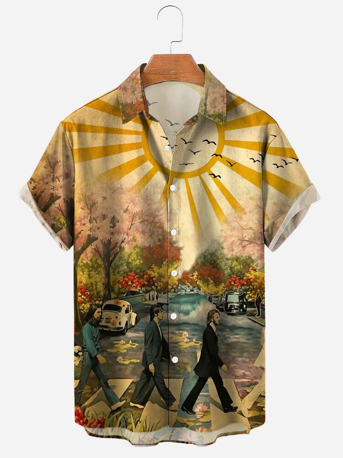 Printed Hawaiian Shirt Men's Holiday Seaside Cat Pattern - 225 Clothing Company